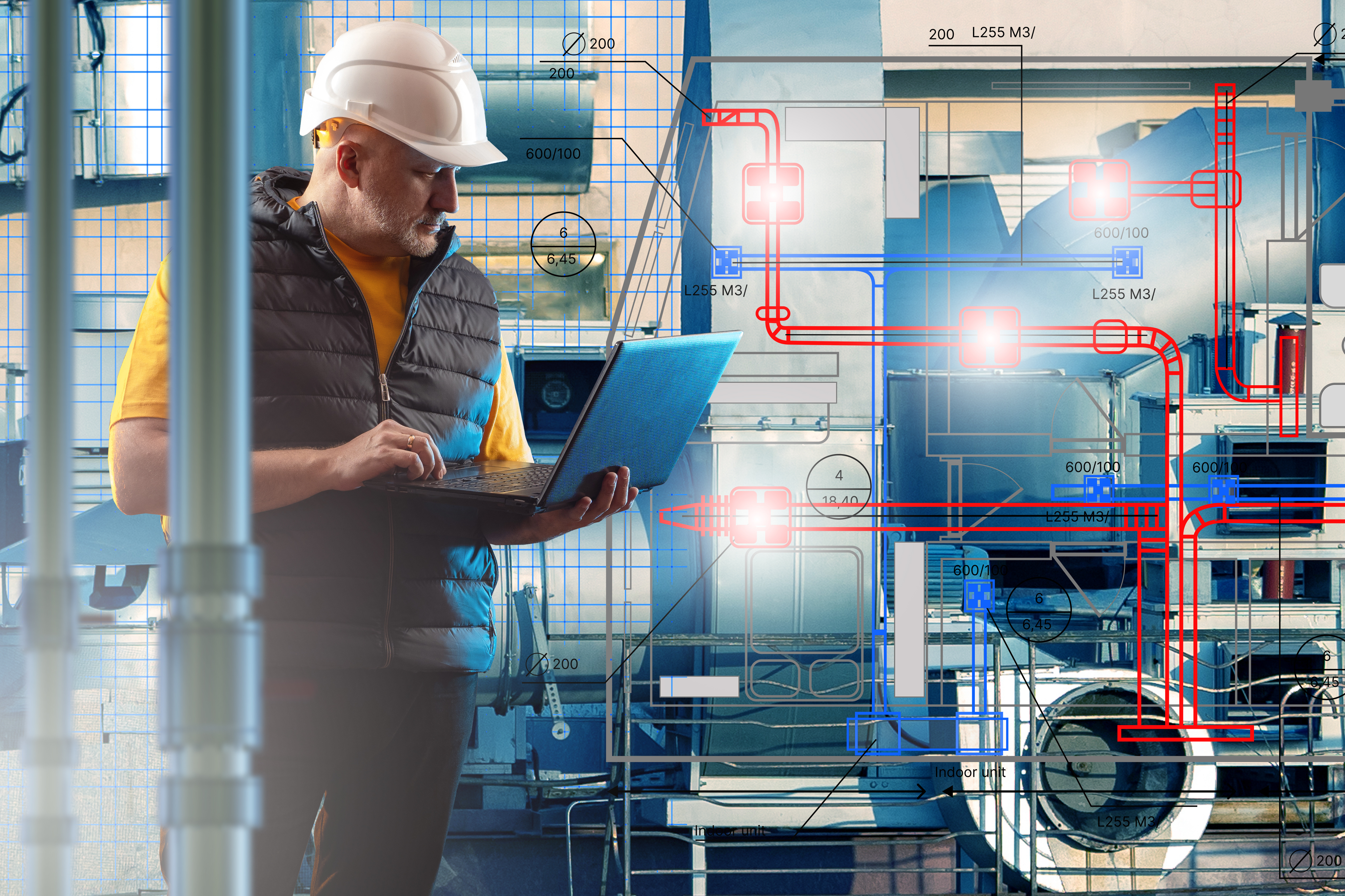Engineer with helmet and laptop inspecting HVAC system blueprint over industrial ventilation equipment. – Engineering, HVAC, Industrial Maintenance, Building Systems.